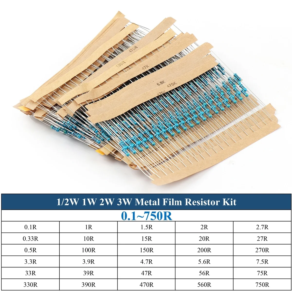 150/300/600Pcs Kit di resistenze a Film Metallico 1/2W(0,5 W) 1/4W(0,25 W) 1W 2W 3W 30Value Anello di Colore Assortimento Kit 5% 0.1~750R 1K~820K