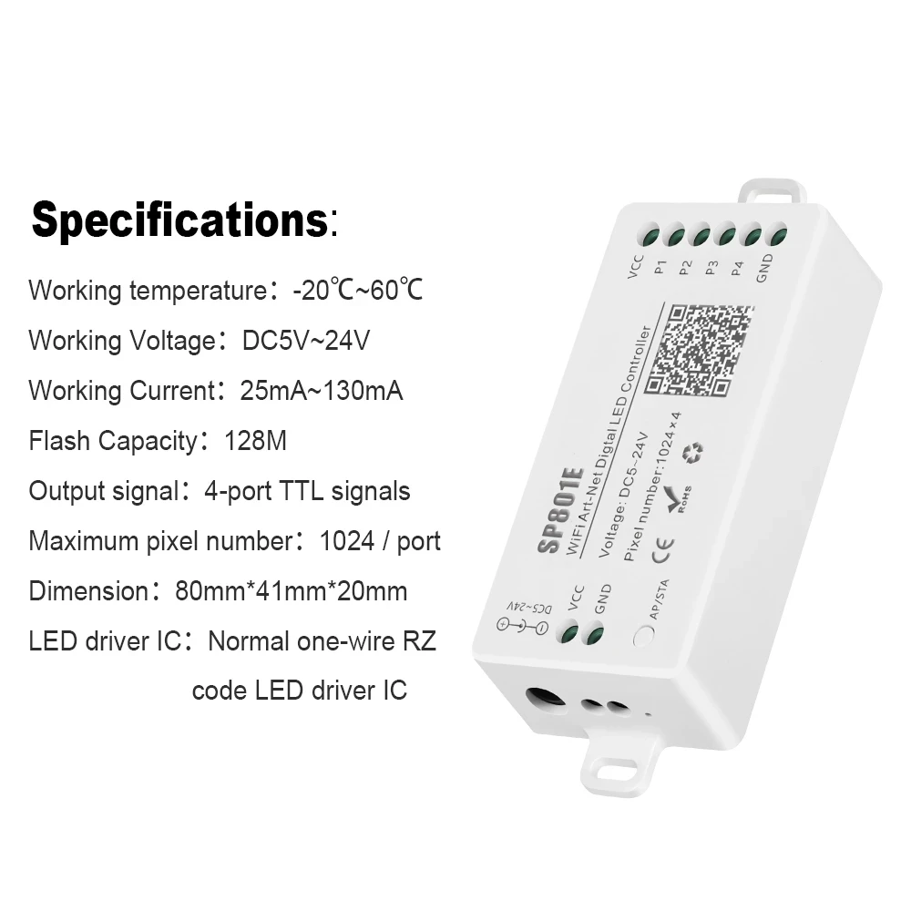 SP801E Wifi Art-Net LED Controller Per WS2812B WS2811 Striscia LED a Matrice di LED moduli del Pannello di Controllo senza fili per iOS Android DC5-24 V