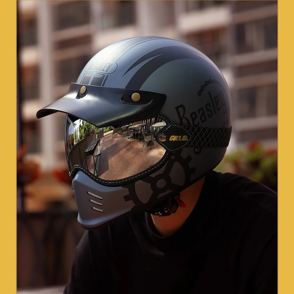 Moto Casco Full Face di omologazione Uomo Vintage Retrò Moto Caschi Traspirante di Sicurezza a Doppio Obiettivo di Motocross Moto