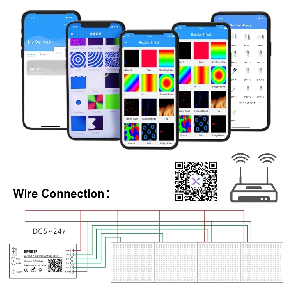 SP801E Wifi Art-Net LED Controller Per WS2812B WS2811 Striscia LED a Matrice di LED moduli del Pannello di Controllo senza fili per iOS Android DC5-24 V
