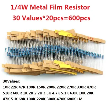 600 Pz (30 Tipi X Ogni 20pcs) Valore di Resistenza a Film Metallico 1/4W 1% Resistenza Assortiti Kit Set 1K 10K 10R 22R 100R 150R 200R
