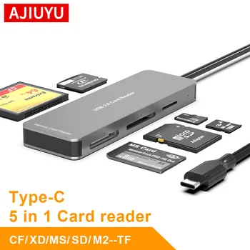 AJIUYU 5 in 1 Multifunzione di Tipo C, CF, XD, MS, SD, M2/TF Smart Lettore di schede di Memoria Flash Adattatore per Unità di Tipo C, Computer Portatile, Telefono cellulare