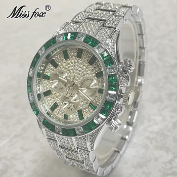 Marchio di lusso MISSFOX Nastro Verde la Moda Orologi per gli Uomini dell'Arcobaleno Diamante Impermeabile Smart Orologio in Acciaio Pieno di Sport Orologi Maschio Reloj