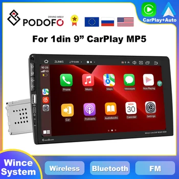 Podofo 1din CarPlay MP5 Player 9 pollici Universalmente Android Auto Radio 1 din Lettore Multimediale Stereo FM Unità di Testa BT Vista Posteriore