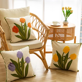 Puro Cotone EmbroideryTulip Primavera Cuscino Copre 18x18 Set di 4 Patio all'Aperto Cuscino Casi Estate Giardino Decorazioni per la Casa