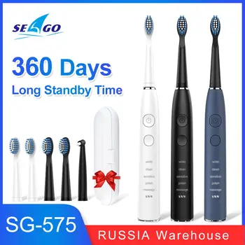 Seago Elettrico Spazzolino da denti di Sonic 360 Giorni in Standby Impermeabile USB Ricaricabile con 5 Pennello Teste SG575