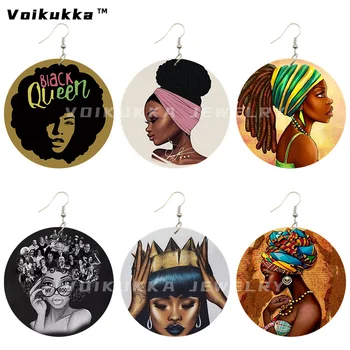 Voikukka Gioielli 6 CM intorno all'Africa, Disegno, Donne di colore Pittura Regina di Legno Entrambi i Lati di Stampa Goccia Orecchini Per i Regali