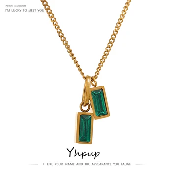 Yhpup in Acciaio Inox Verde Cubic Zirconia Ciondolo Collana per le Donne Gioielli Dichiarazione Elegante Design Unico Collare Regalo