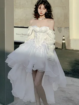 2023 Primavera Nuovo Elegante Manica Lunga Fata Abiti Per Le Donne Di Moda Casual Partito Sexy Abito Lungo Coreano Bianco Dolce Midi Dress