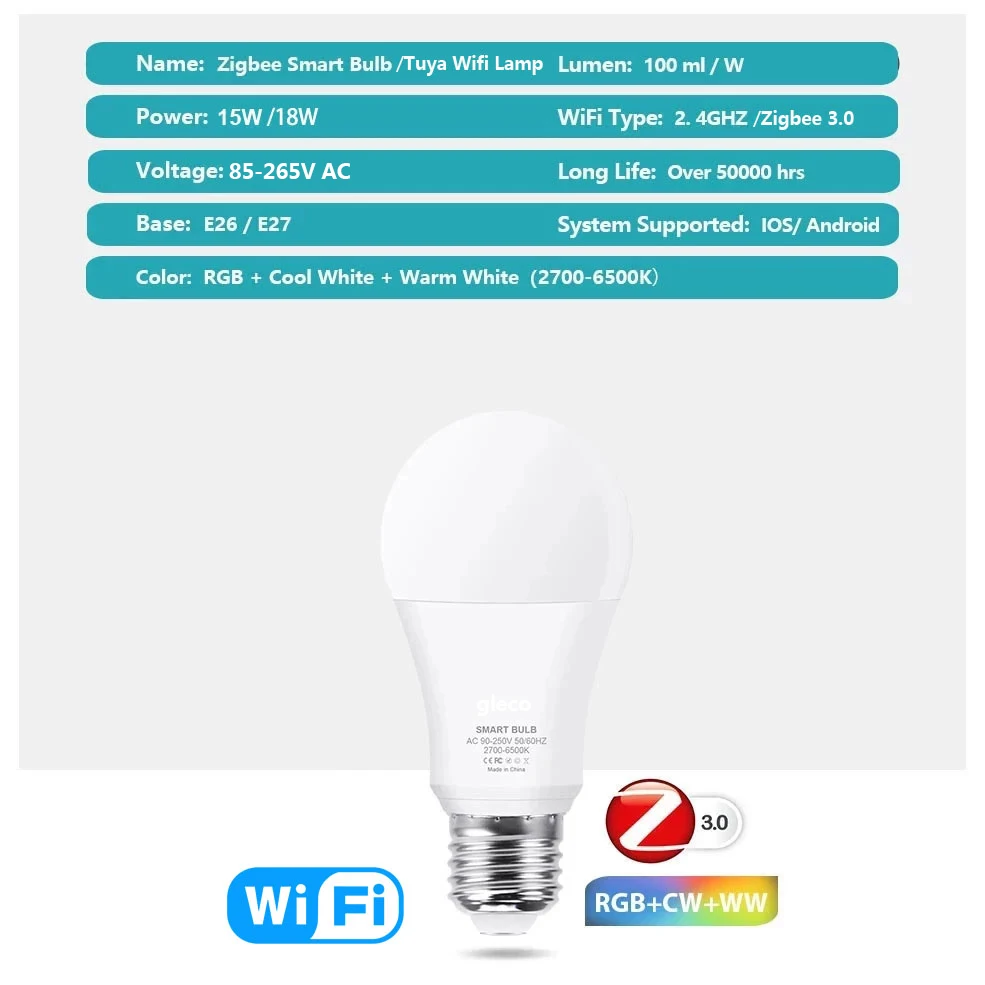 15W 18W Zigbee 3.0 lampadina Led RGB+WW+CW E27 Wifi Tuya Smart Home Lampada a Led Compatibile Con Alexa Amazon Google Assistente
