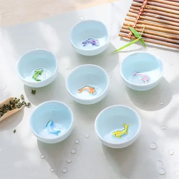 6Pcs/Set Office Tazza di Tè Creativo Celadon 3D di Pesce Tazze Crackle Smalto di Viaggio tazza da Tè in Porcellana di Kung Fu Tazza di Acqua Drinkware