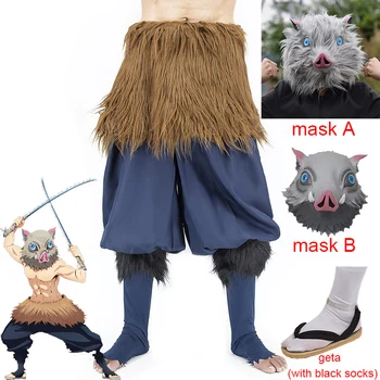 Anime Demon Slayer Kimetsu No Yaiba Hashibira Inosuke Cosplay Costume Maiale Maschera di Silicone Geta Zoccoli Sandali con Calze Nere