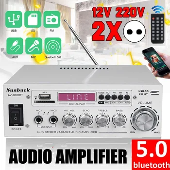 Bianco 2000W amplificatore di potenza 2.0 Canale Audio Home Theater Amplificatori DC 12V 110V/220V Supporto EQ FM SD USB 2 Mic 5.0 bluetooth