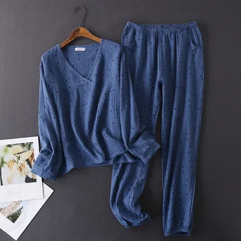 Giapponese stile di autunno e di primavera donna 100% cotone crepe con maniche lunghe pantaloni pigiama, una casa confortevole indossare pigiama set donne