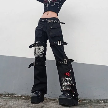 Goth Punk Vita Alta Jeans Harajuku Fibbia In Metallo Hip Hop Stampa Cargo Pantaloni Gamba Larga Baggy Loose Pantaloni In Denim