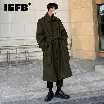 IEFB Tweed Cappotto maschile Autunno Inverno Lungo Cappotto Sciolto al Ginocchio Nuovo coreano Inglese Addensato con Cintura Giacca di Lana D1221
