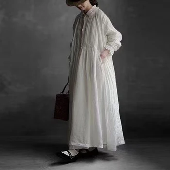 Johnature Vintage in Lino Ricamo delle Donne Turn-down Collar Dress Per le Donne 2023 Autunno Giapponese Sciolto in Pizzo Abiti