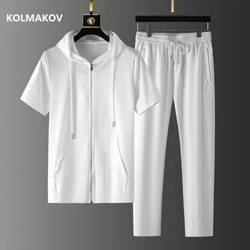 (Maglia + pantaloni)2023 moda estate uomini incappucciati shirt Cotone camicie uomo casual elastico in vita camicie uomo full size M-4XL