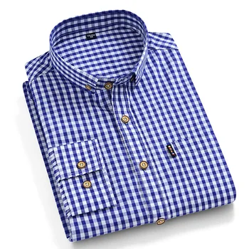 Uomini Abbottonato Giù Full Sleeve Striped Checkered t-Shirt in cotone Singolo Tasca interna Patch Qualità Casual Regular-fit Plaid Camicie di Vestito