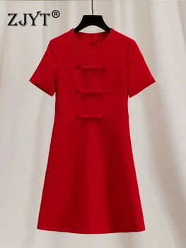 ZJYT Rosso Mini Abiti da Festa per le Donne di Estate 2023 Fiocco Manica Corta Solid Semplice Vestidos Nero Bianco Casual Veste Femme Pista